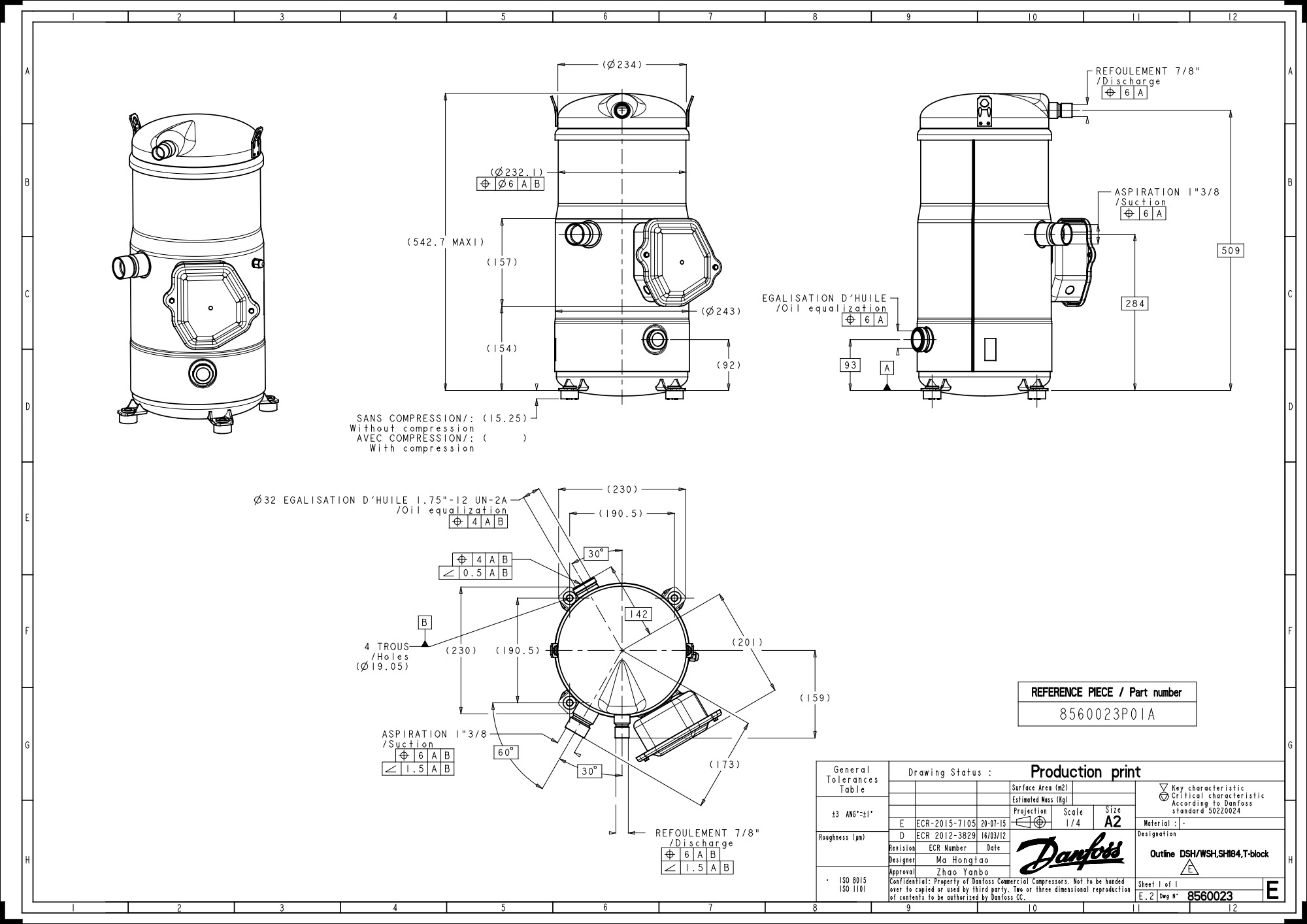 Compressor Scroll SH184A4AL 380v POE Oil Stub Tube